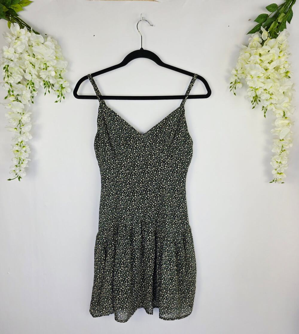 For Good Mini Skater Dress Small Black Ditsy Floral 90s Grunge Boho Strappy